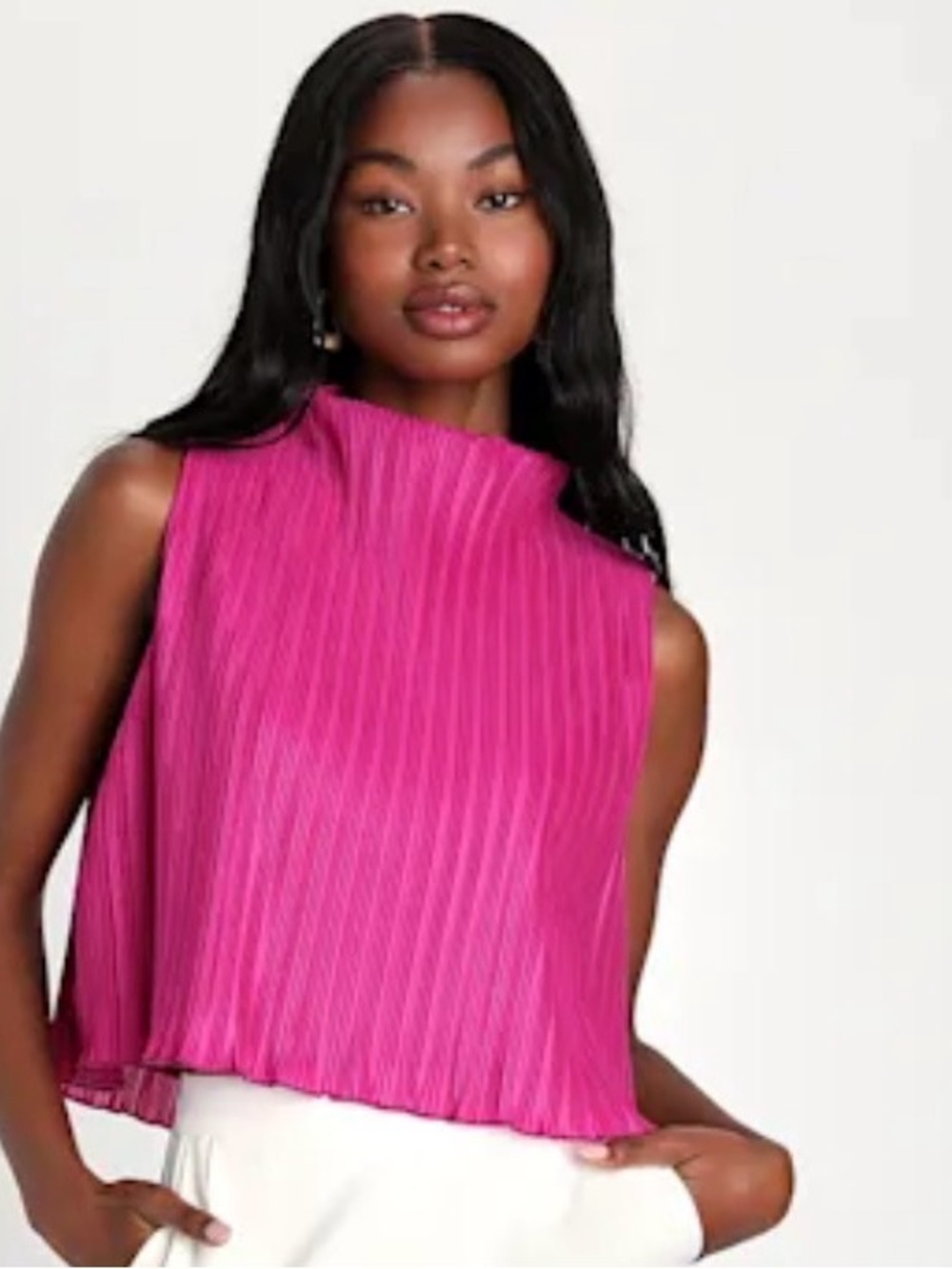 Lulus Yes Plisse Magenta Mock Neck Sleeveless Crop Top Size Medium